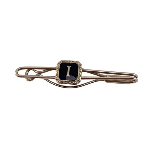 Initial I Tie Clip Blue Enamel Silver Tone Tie Clip Vintage - Picture 2 of 8